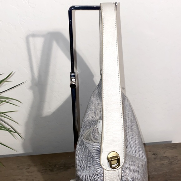 Fossil Maya Hobo Canvas Leather Cream Light Blue Crossbody - Picture 14 of 17